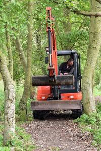 Digger driving between the trees to the brook